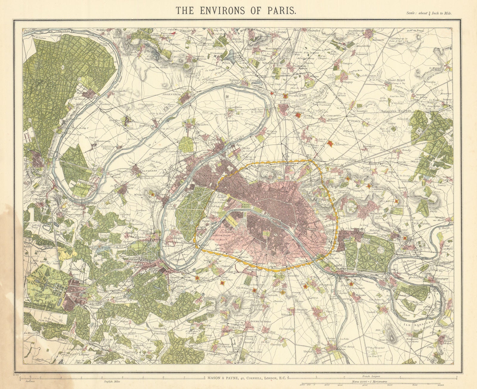 PARIS ENVIRONS. Fortifications. Railways. Versailles. LETTS 1892 old map